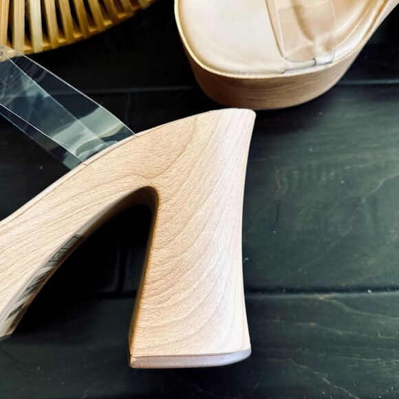 NEW Transparent Clear Open Toe Mules Sandal Wood-Like Block Chunky Platform Heel - Picture 4 of 5
